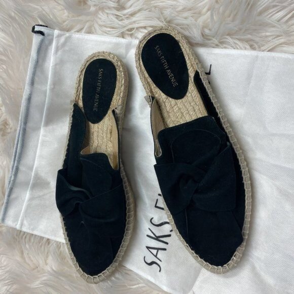 Saks Fifth Avenue Black Suede Bow Espadrille Mules - Picture 2 of 7